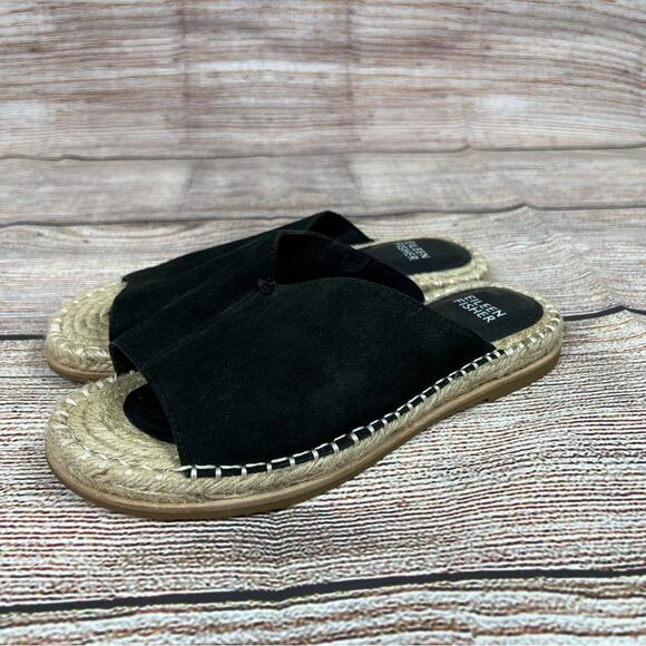 Eileen Fisher Milly Black Tumbled Nubuck Leather Espadrille Sandal Size 6.5 - Picture 11 of 12